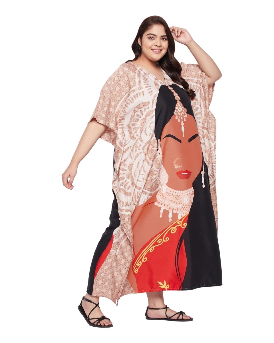 Women Tribal Printed Beige Polyester Kaftan Plus Size Dress