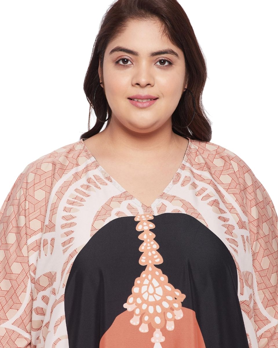Women Tribal Printed Beige Polyester Kaftan Plus Size Dress
