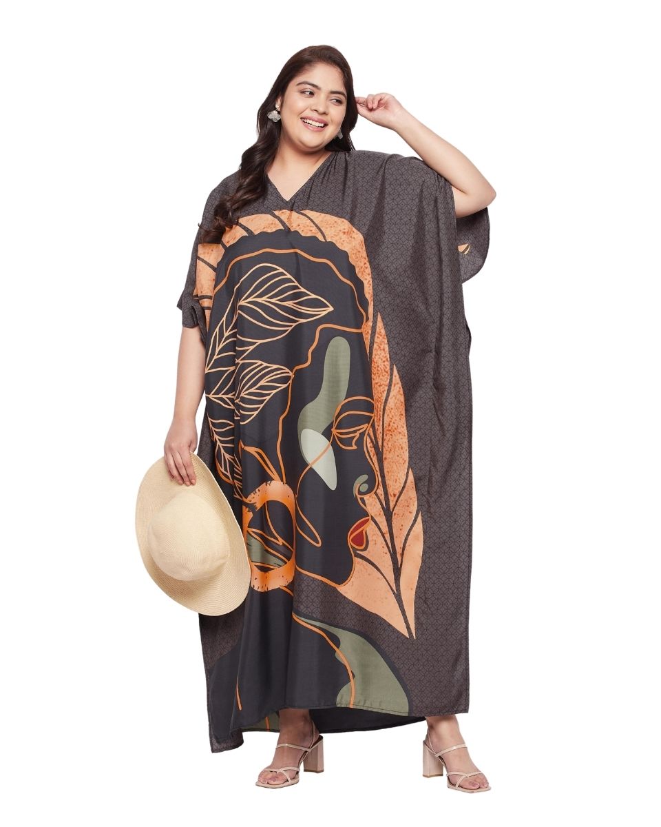 Tribal Printed Brown Polyester Kaftan Dress For Plus Size Women