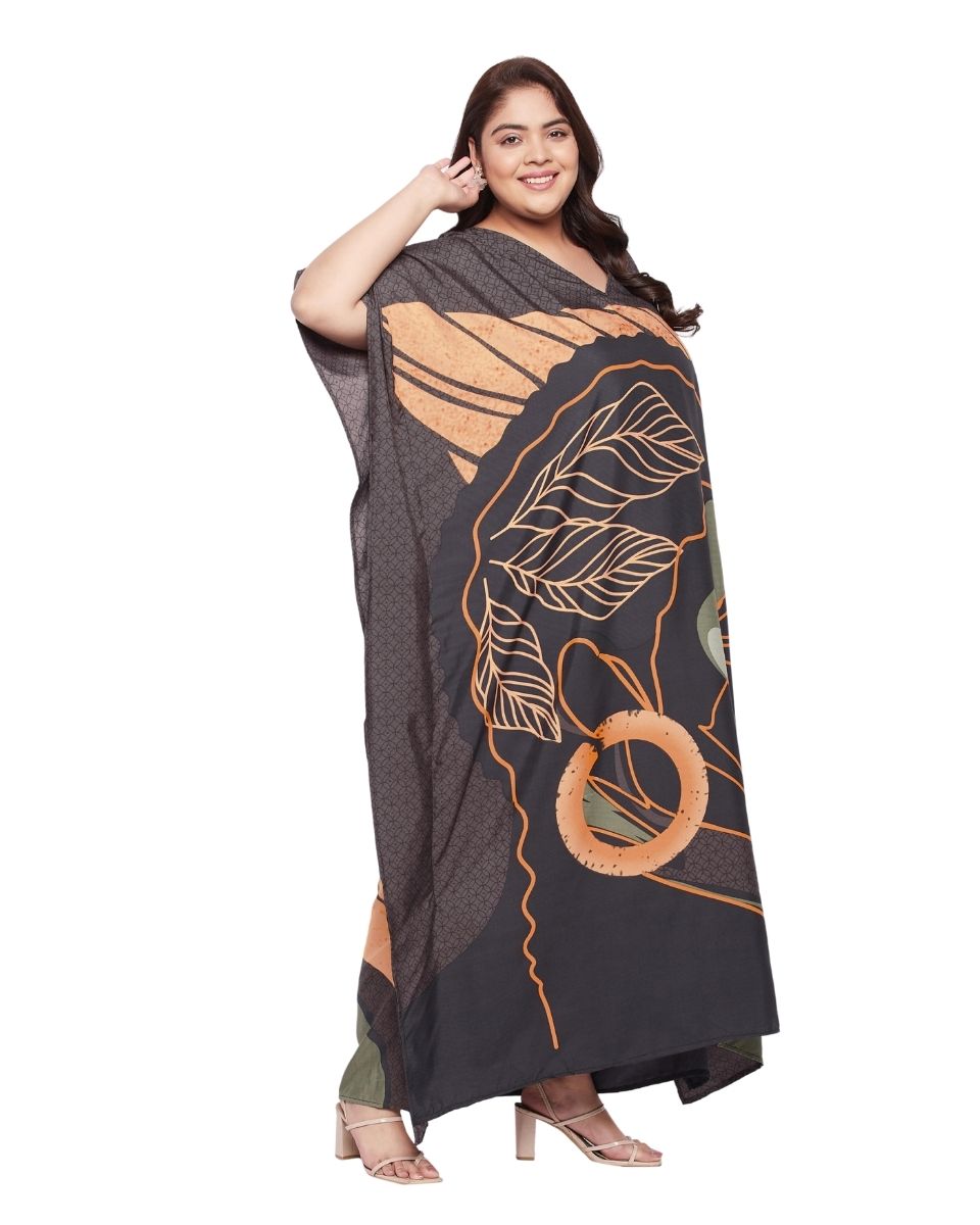 Tribal Printed Brown Polyester Kaftan Dress For Plus Size Women