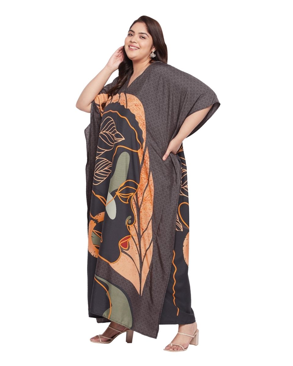 Tribal Printed Brown Polyester Kaftan Dress For Plus Size Women