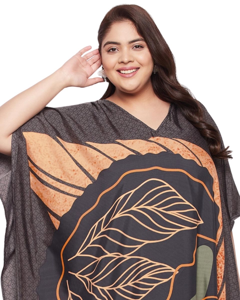 Tribal Printed Brown Polyester Kaftan Dress For Plus Size Women