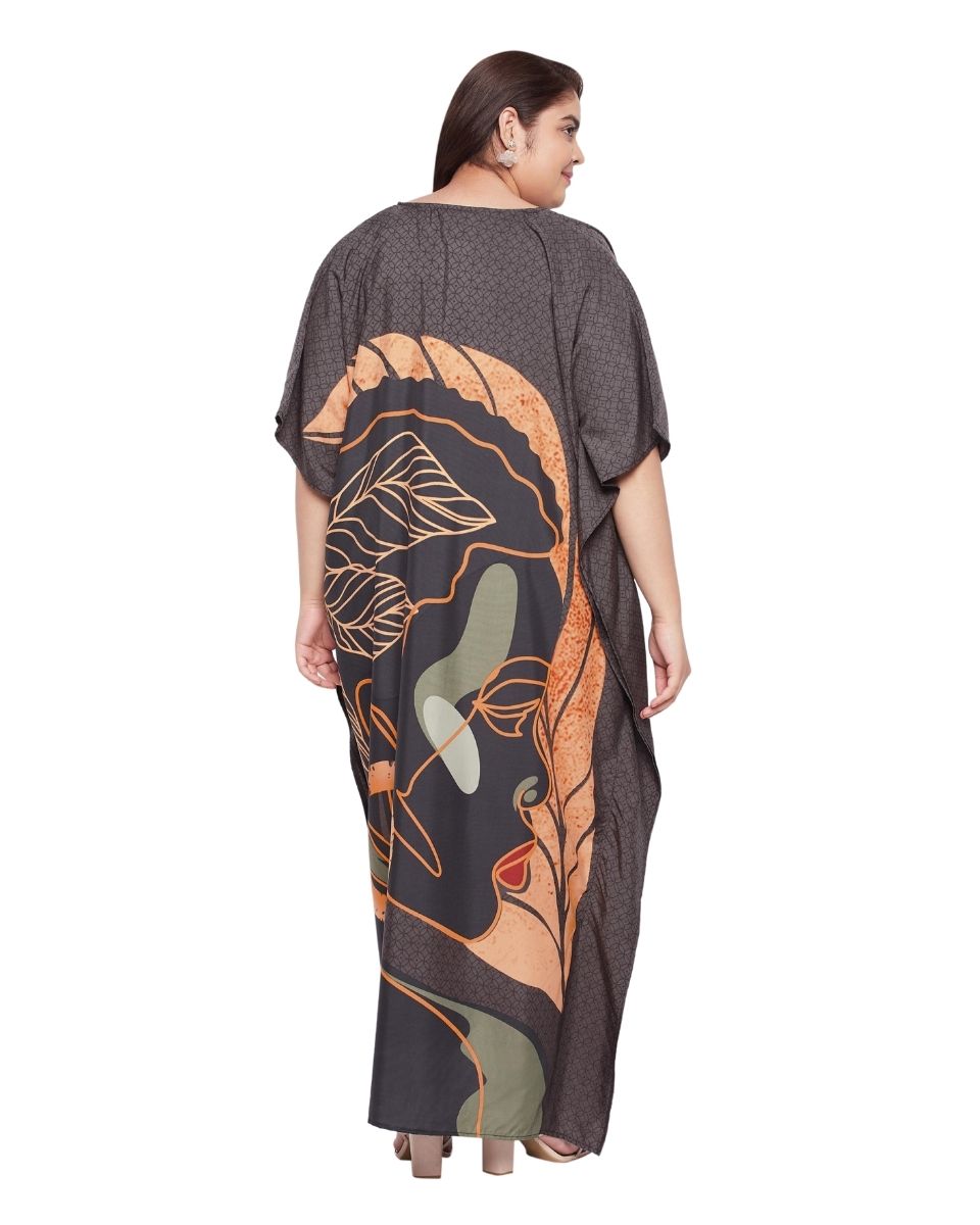 Tribal Printed Brown Polyester Kaftan Dress For Plus Size Women