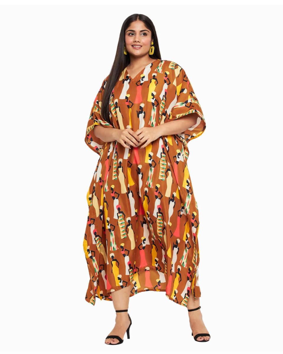 Brown Kaftan Plus Size Tribal Printed Polyester Dress For Women