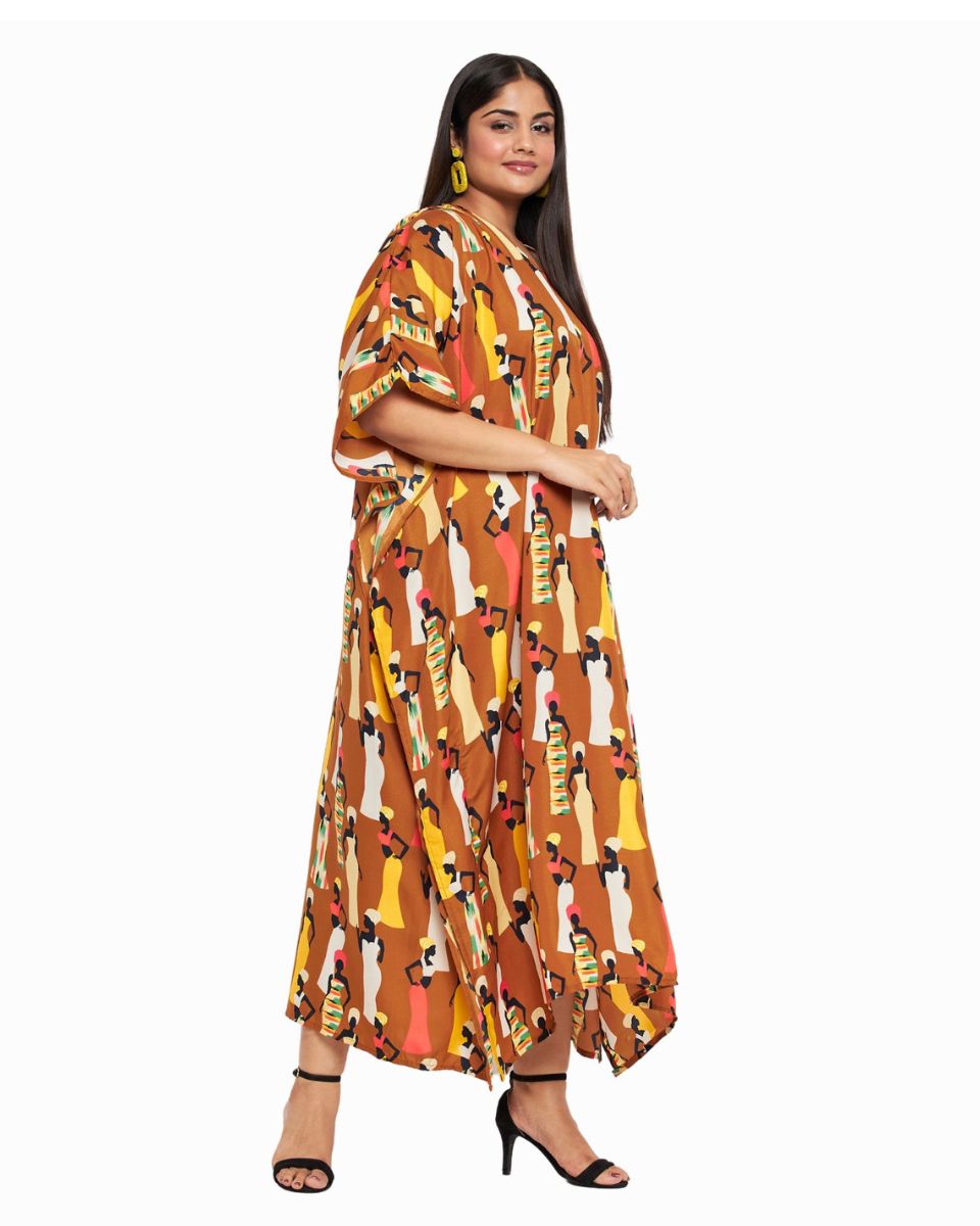 Brown Kaftan Plus Size Tribal Printed Polyester Dress For Women