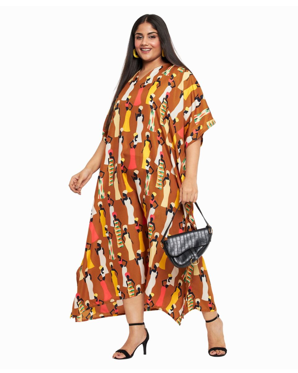 Brown Kaftan Plus Size Tribal Printed Polyester Dress For Women