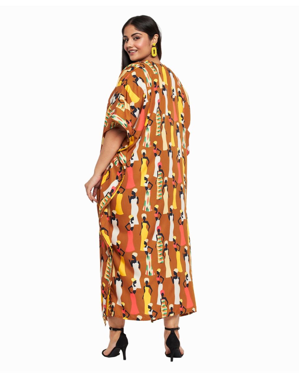 Brown Kaftan Plus Size Tribal Printed Polyester Dress For Women