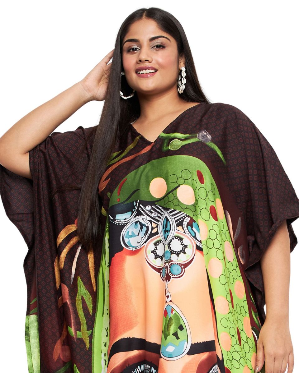 Dark Brown Tribal Printed Polyester Kaftan Dress For Plus Size Women