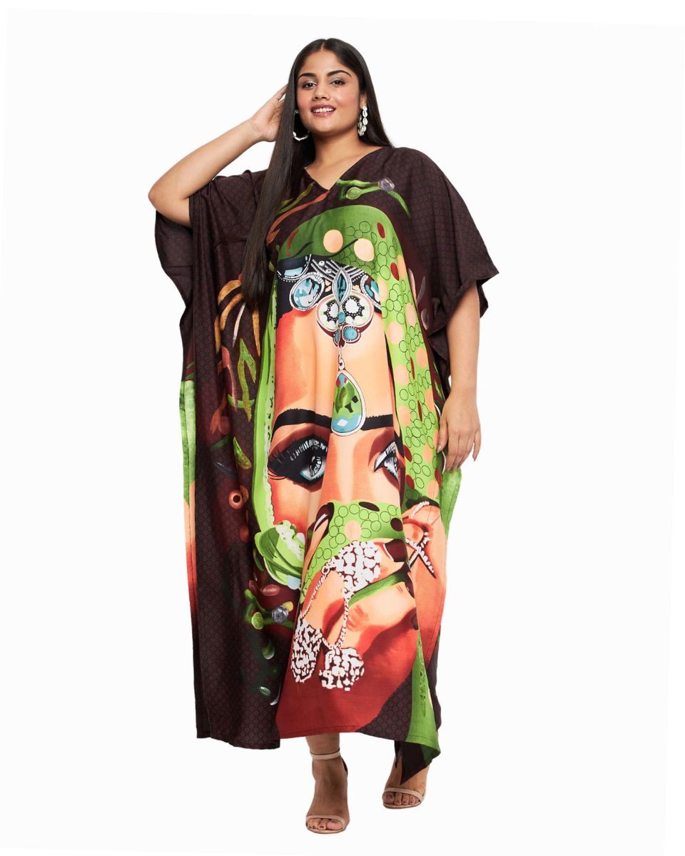 Dark Brown Tribal Printed Polyester Kaftan Dress For Plus Size Women