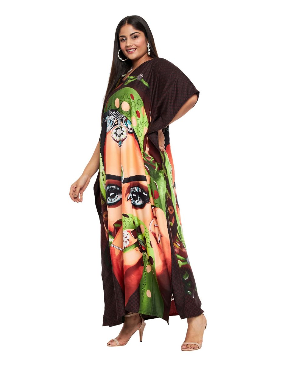 Dark Brown Tribal Printed Polyester Kaftan Dress For Plus Size Women
