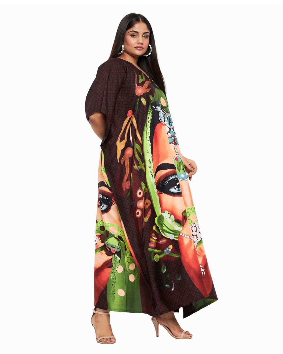 Dark Brown Tribal Printed Polyester Kaftan Dress For Plus Size Women
