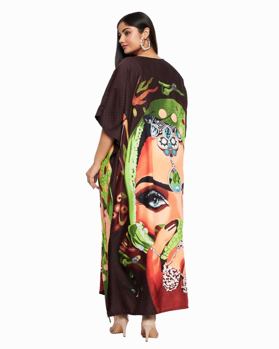 Dark Brown Tribal Printed Polyester Kaftan Dress For Plus Size Women