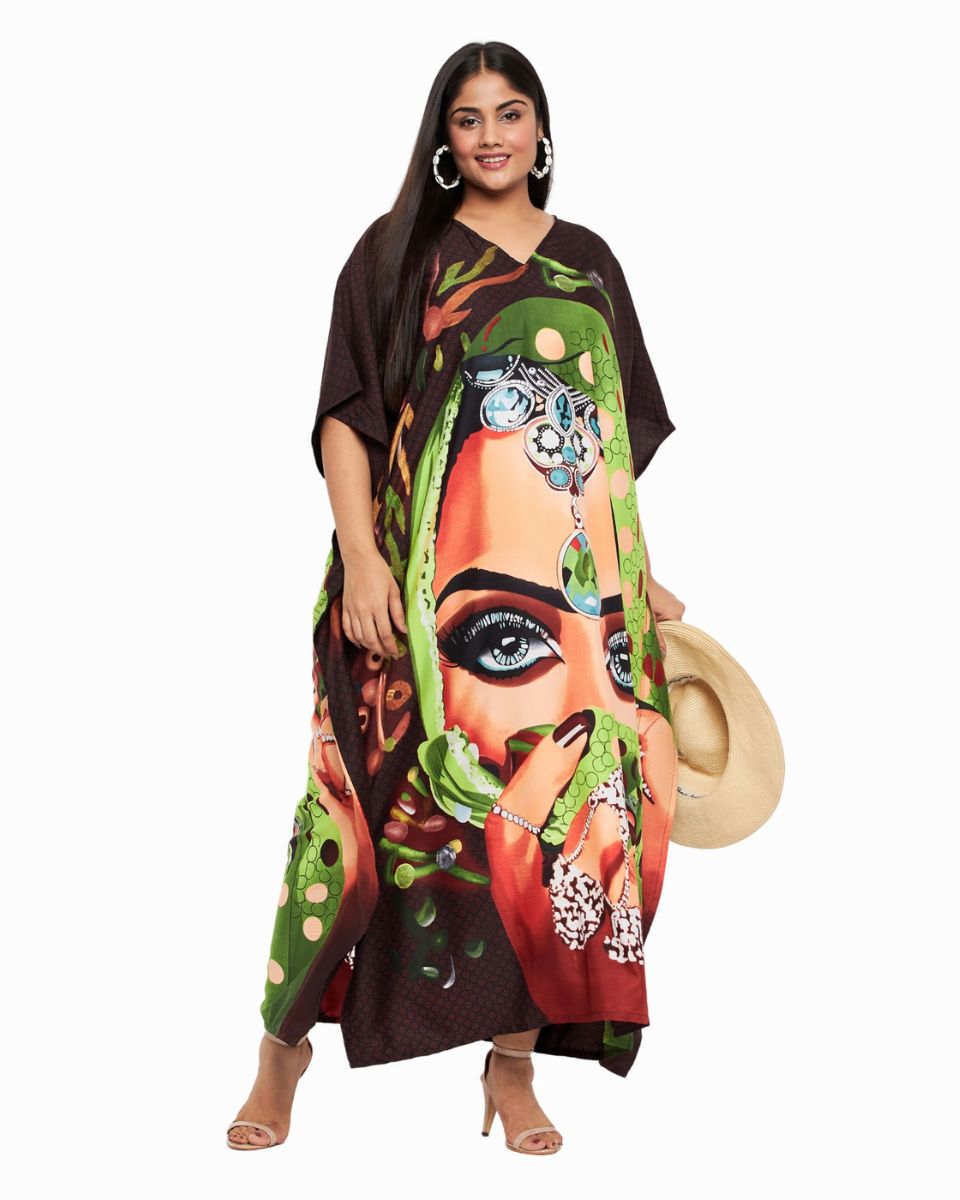 Dark Brown Tribal Printed Polyester Kaftan Dress For Plus Size Women