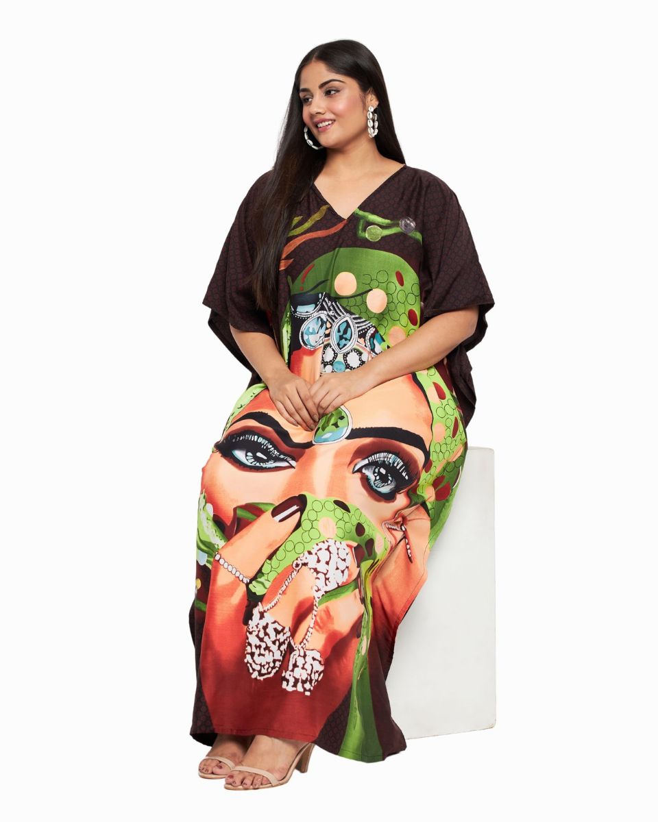 Dark Brown Tribal Printed Polyester Kaftan Dress For Plus Size Women