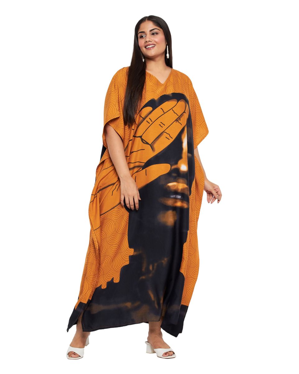 Tribal Print Mustard Polyester Plus Size Caftan Dress