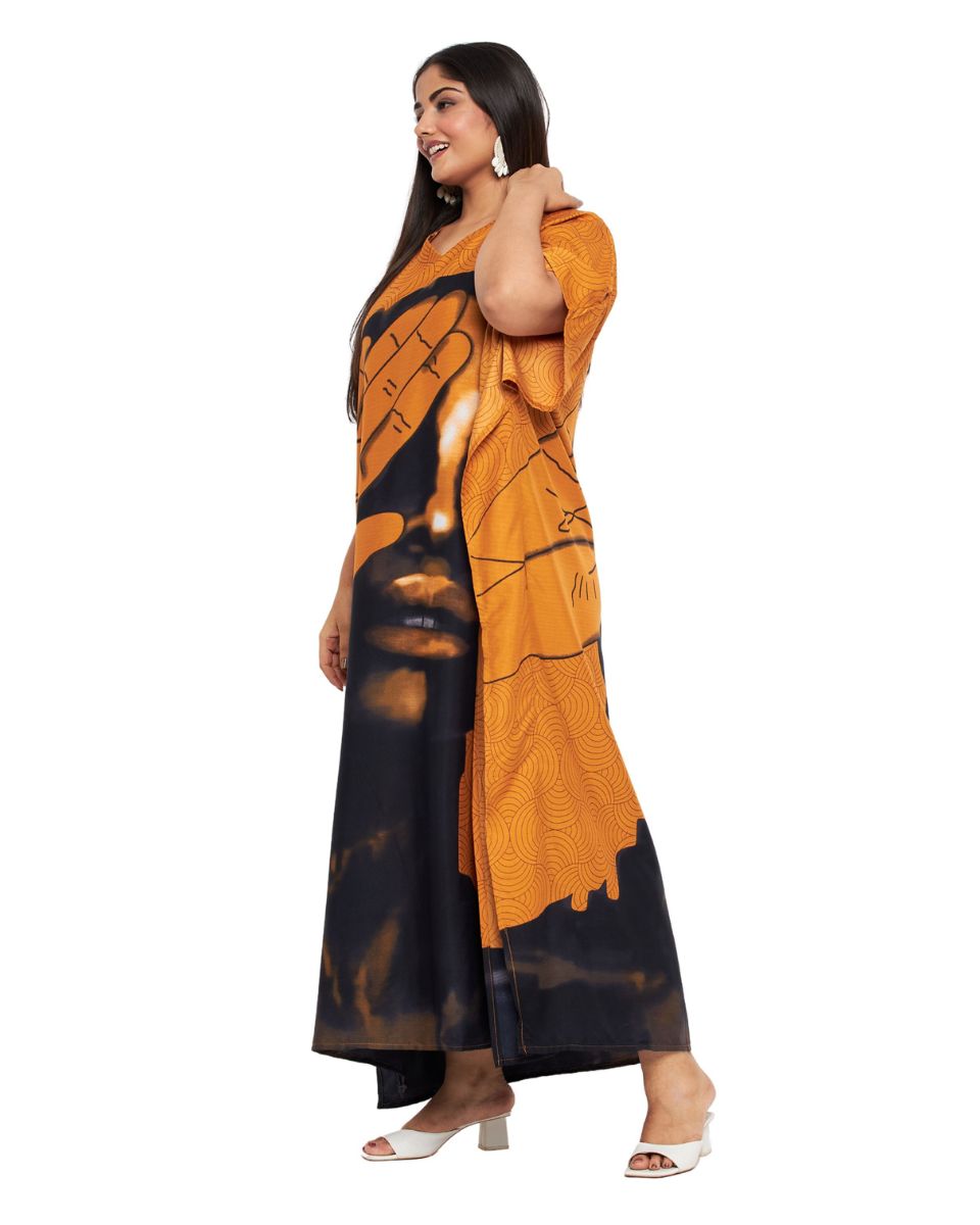 Tribal Print Mustard Polyester Plus Size Caftan Dress