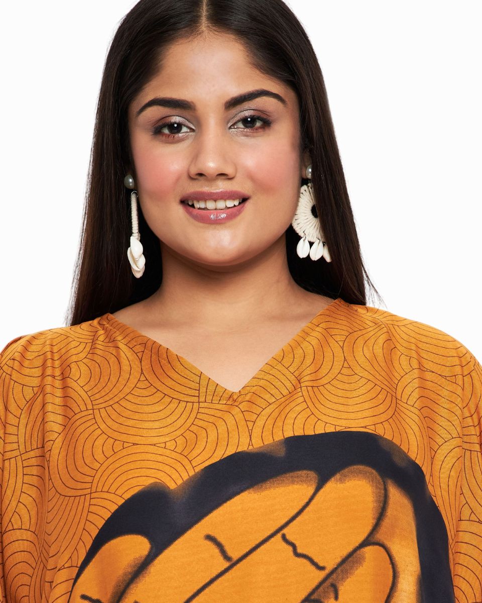 Tribal Print Mustard Polyester Plus Size Caftan Dress