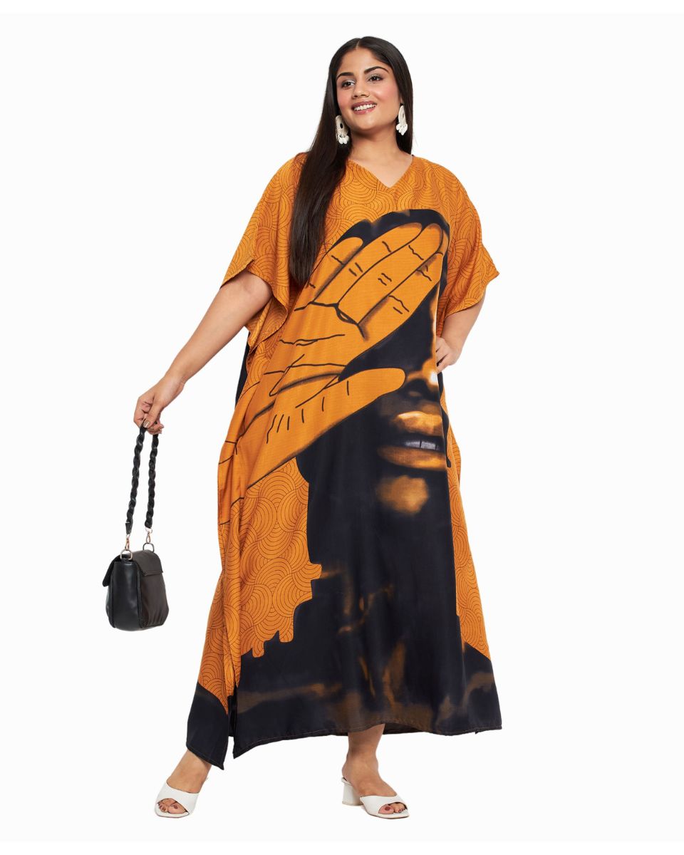 Tribal Print Mustard Polyester Plus Size Caftan Dress
