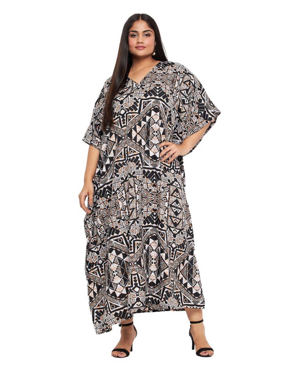 Kaftan Plus Size Women Dress Tribal Printed Black Polyester
