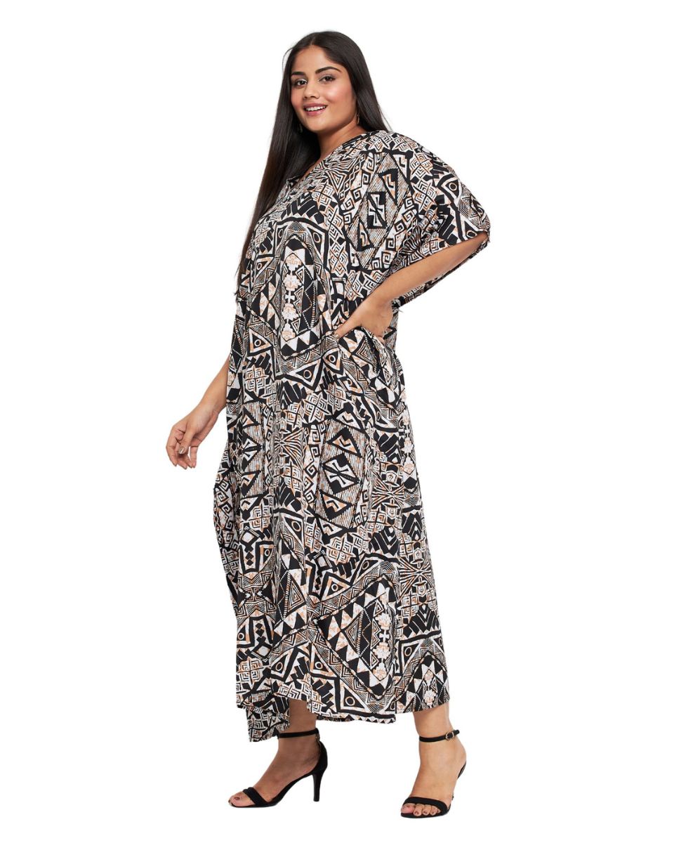 Kaftan Plus Size Women Dress Tribal Printed Black Polyester