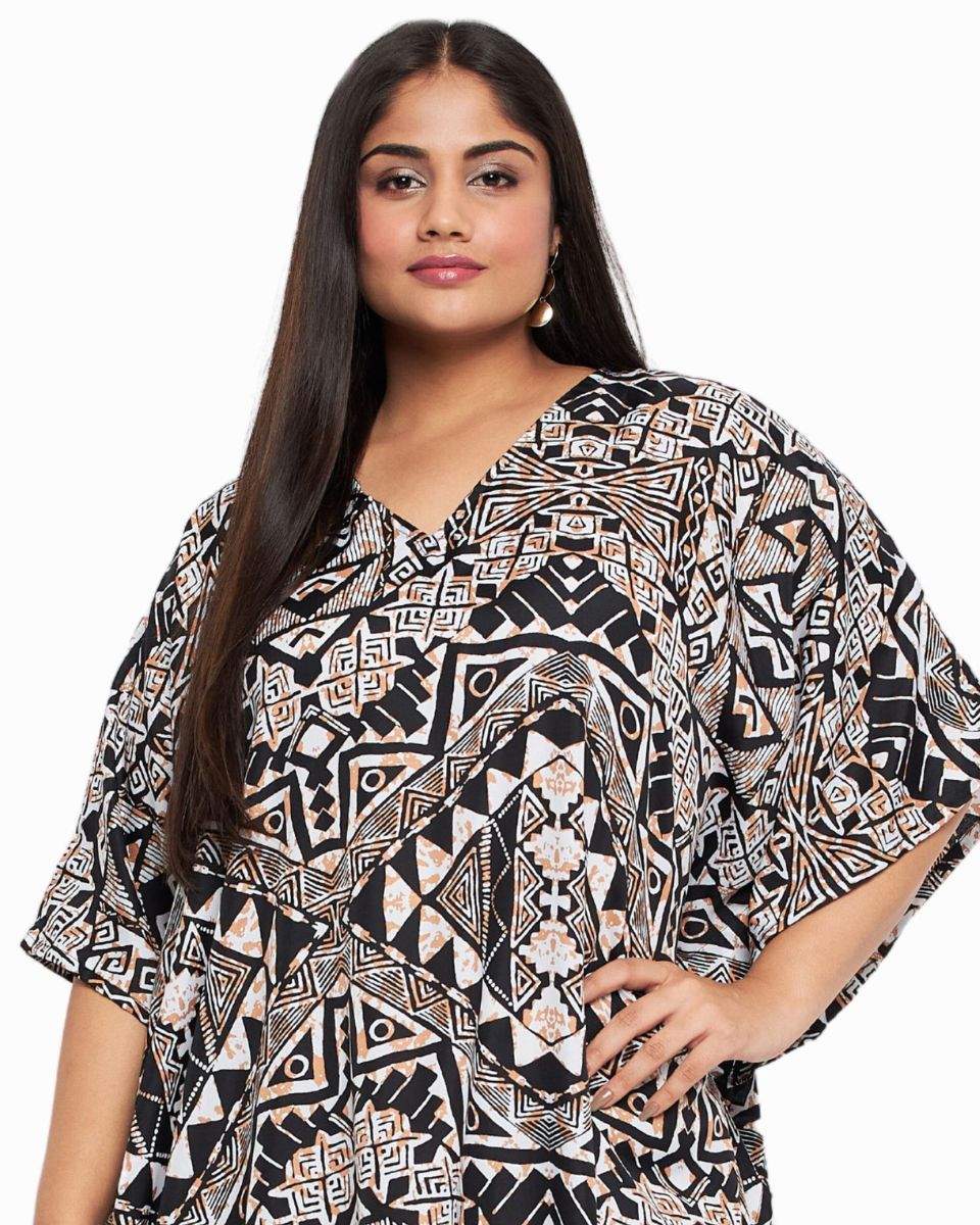 Kaftan Plus Size Women Dress Tribal Printed Black Polyester