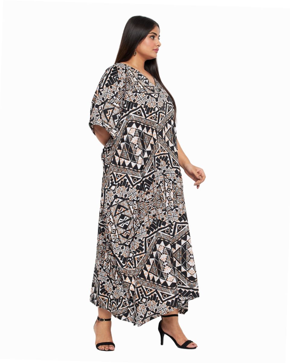 Kaftan Plus Size Women Dress Tribal Printed Black Polyester