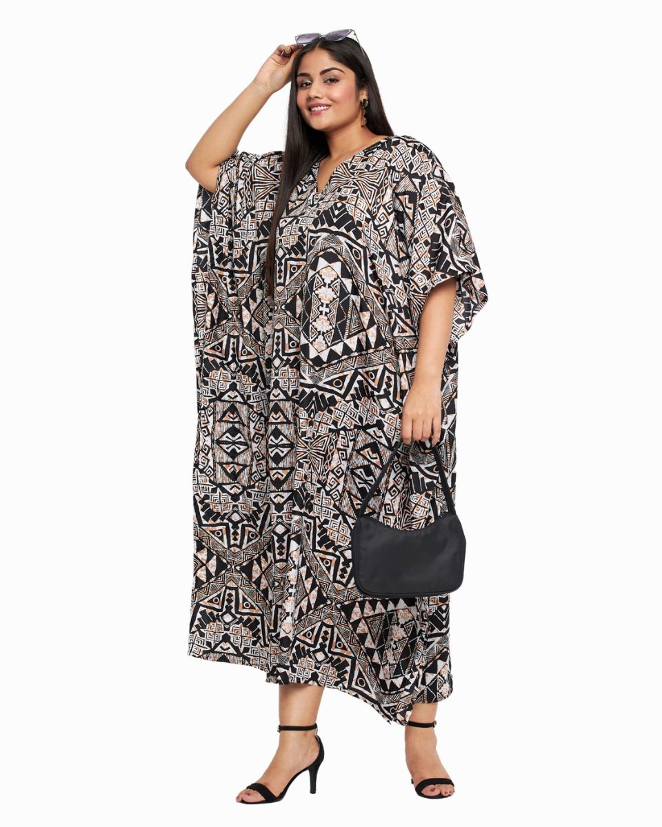 Kaftan Plus Size Women Dress Tribal Printed Black Polyester