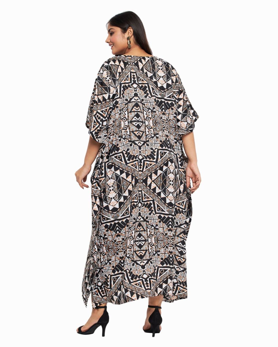 Kaftan Plus Size Women Dress Tribal Printed Black Polyester