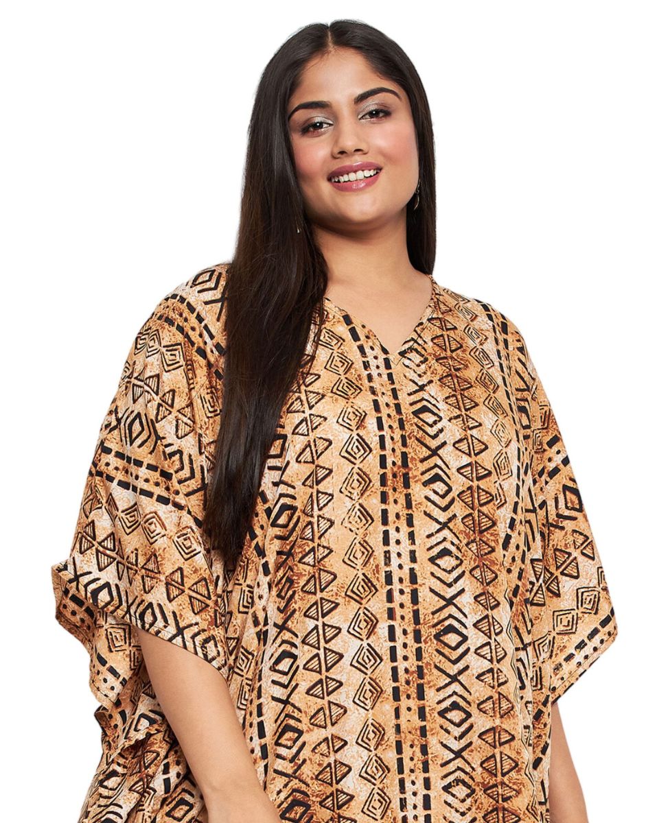 Light Brown Tribal Printed Polyester Kaftan For Plus Size Women