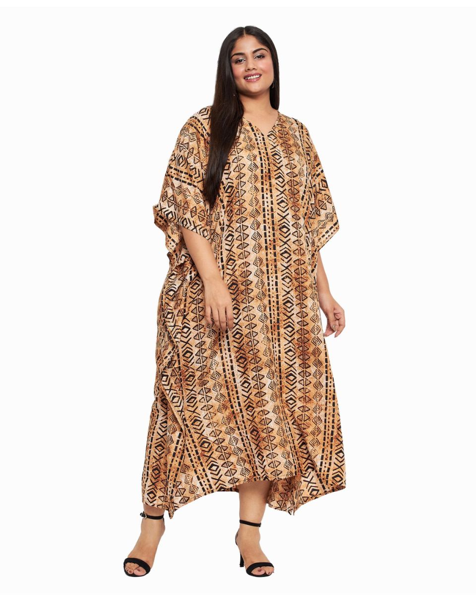 Light Brown Tribal Printed Polyester Kaftan For Plus Size Women