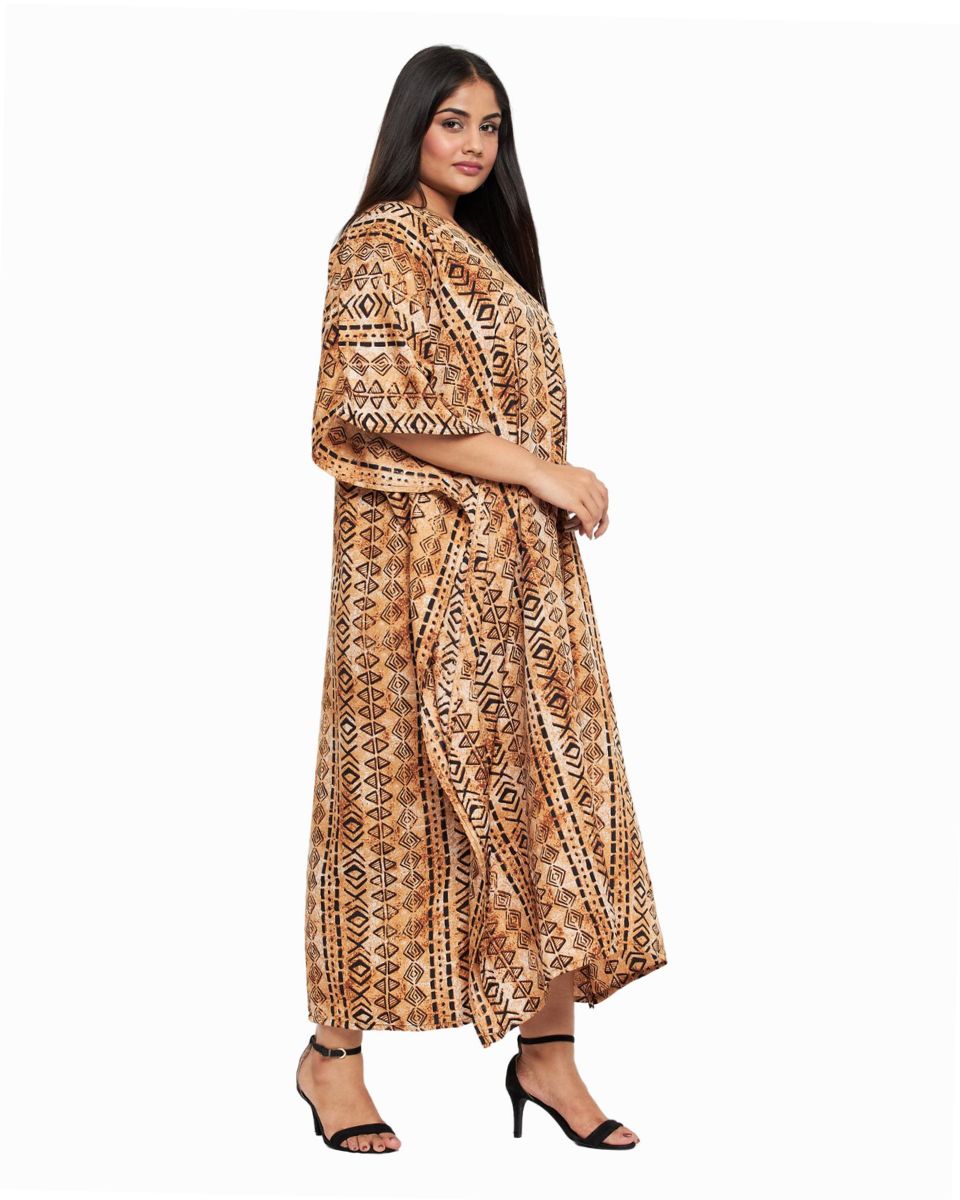 Light Brown Tribal Printed Polyester Kaftan For Plus Size Women