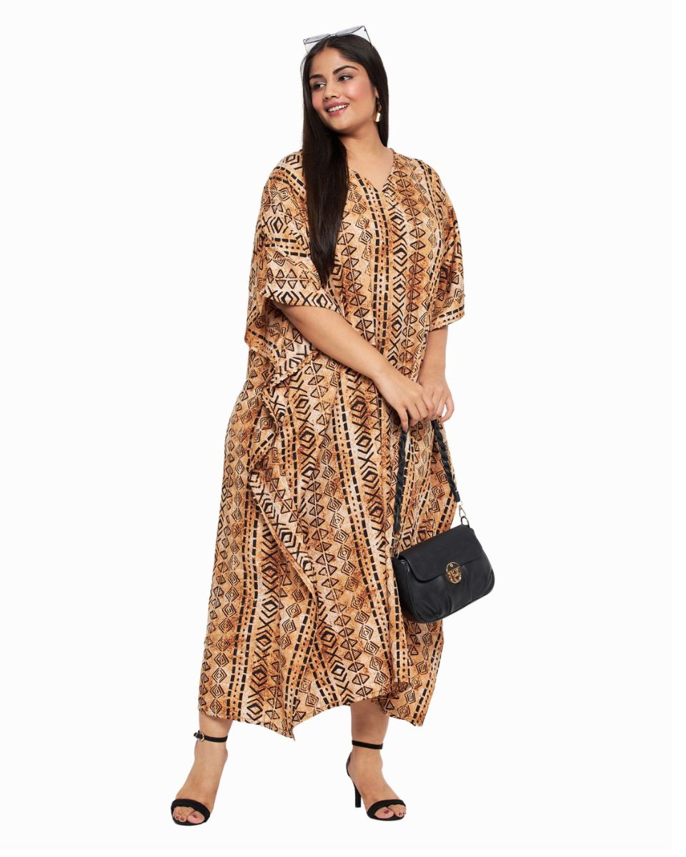 Light Brown Tribal Printed Polyester Kaftan For Plus Size Women