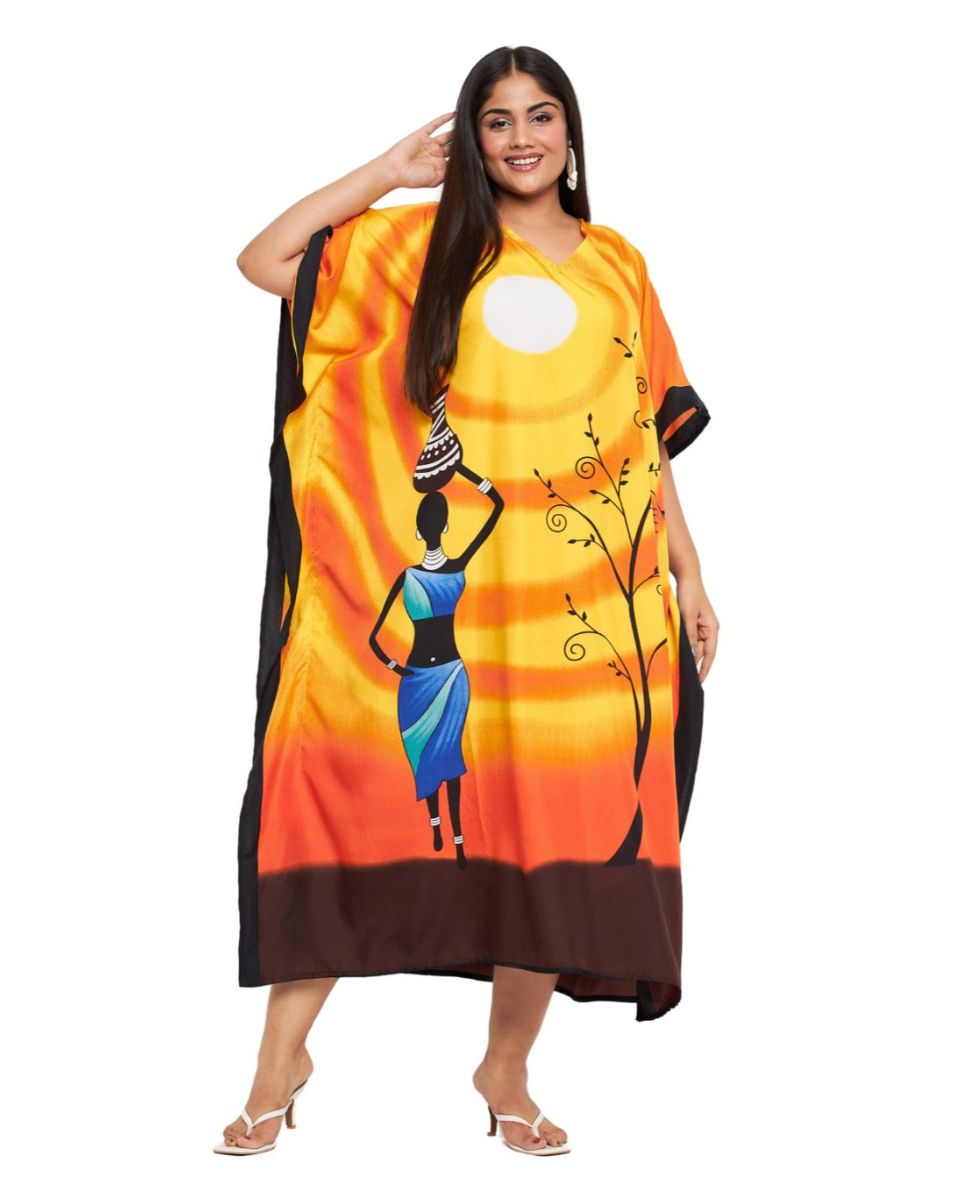 Tribal Printed Yellow Polyester Kaftan For Plus Size Women
