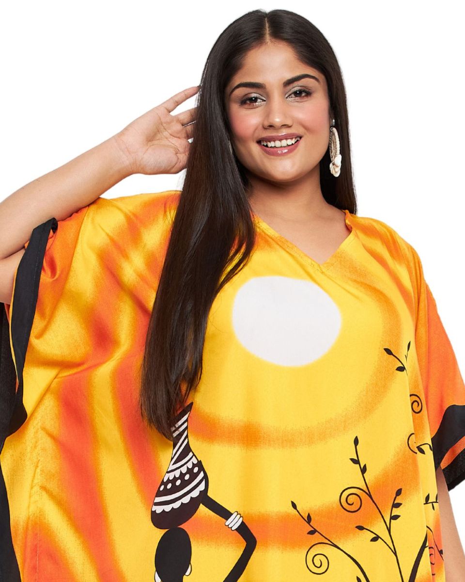 Tribal Printed Yellow Polyester Kaftan For Plus Size Women