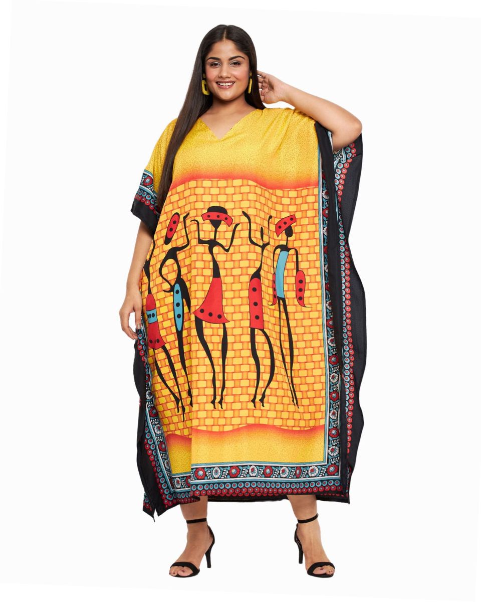 Tribal Printed Yellow Polyester Kaftan For Plus Size Women