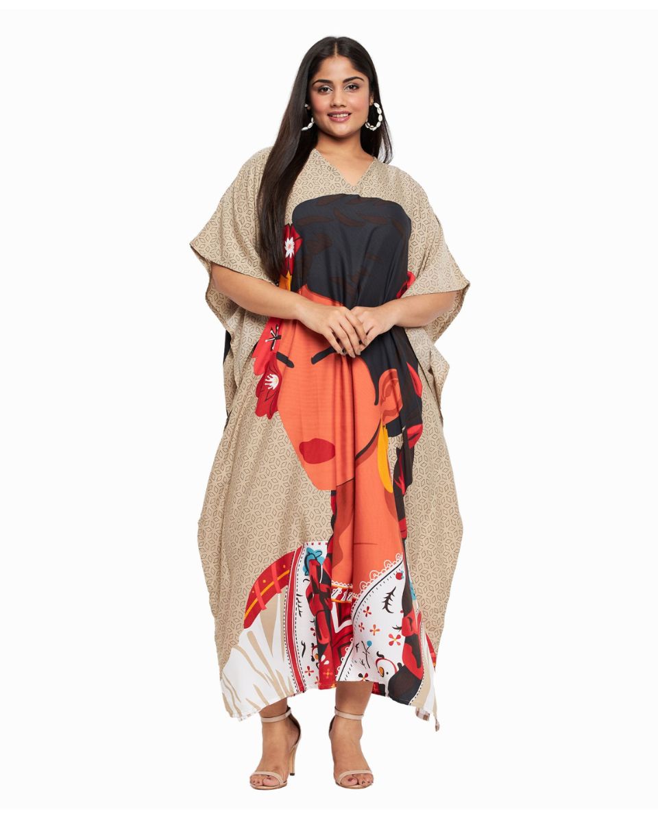 Tribal Printed Beige Polyester Kaftan Dress For Plus Size Women