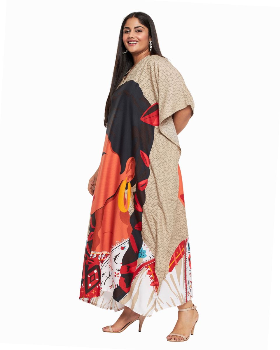 Tribal Printed Beige Polyester Kaftan Dress For Plus Size Women