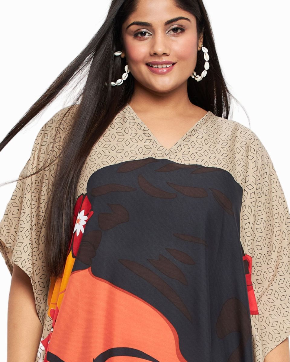 Tribal Printed Beige Polyester Kaftan Dress For Plus Size Women