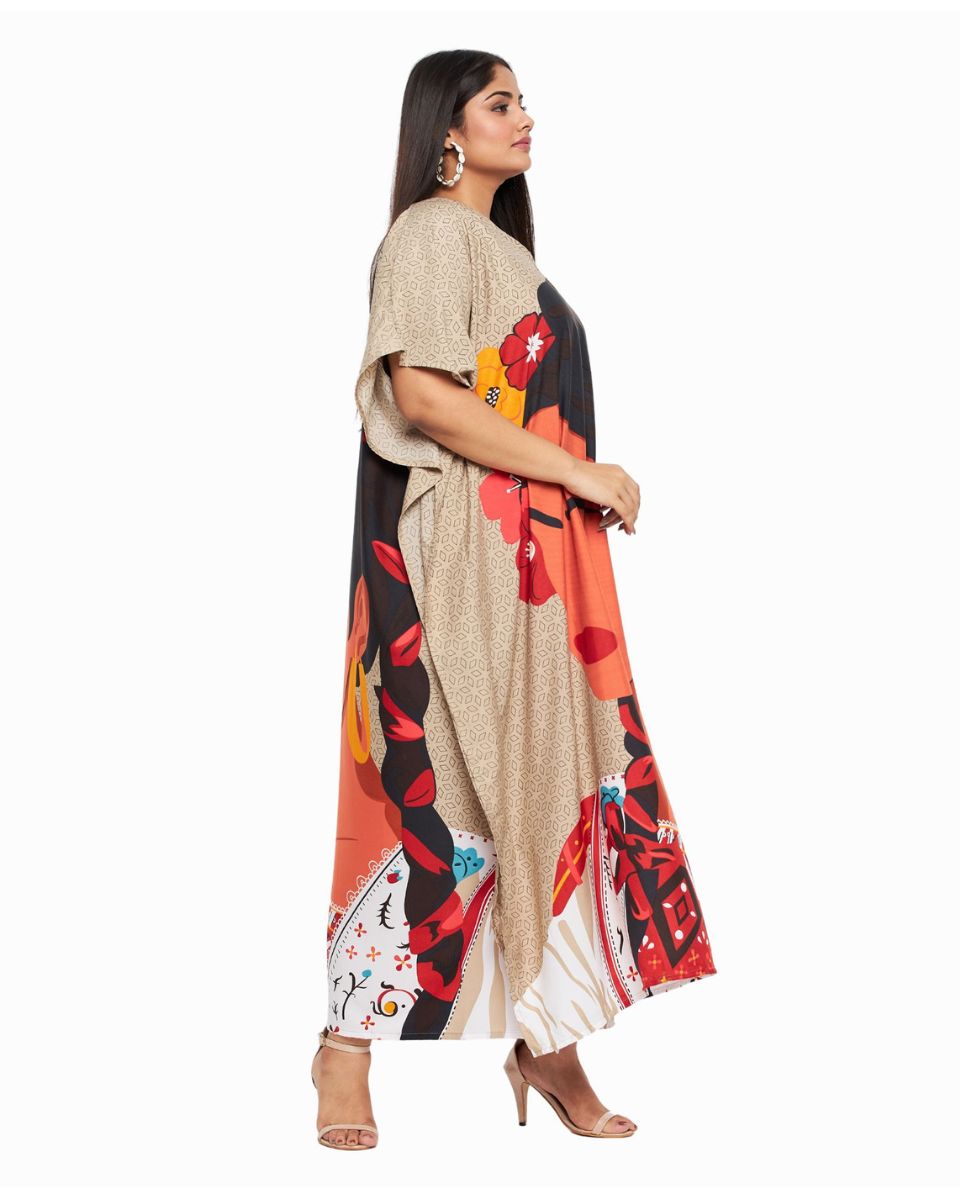 Tribal Printed Beige Polyester Kaftan Dress For Plus Size Women