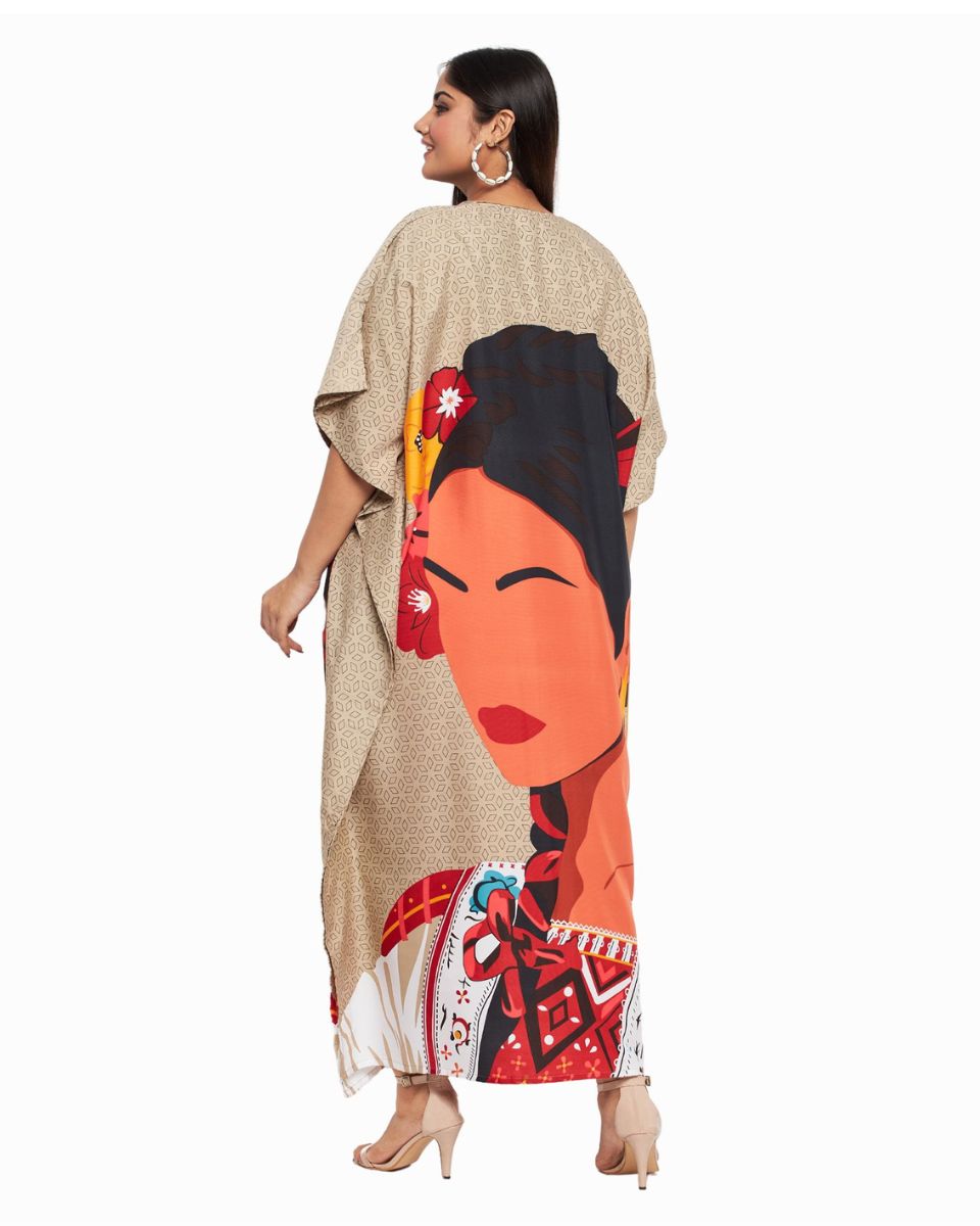 Tribal Printed Beige Polyester Kaftan Dress For Plus Size Women