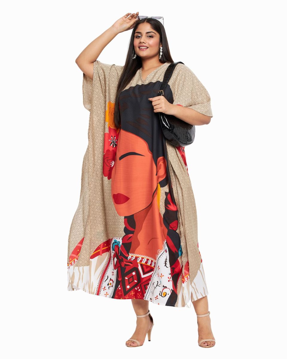 Tribal Printed Beige Polyester Kaftan Dress For Plus Size Women