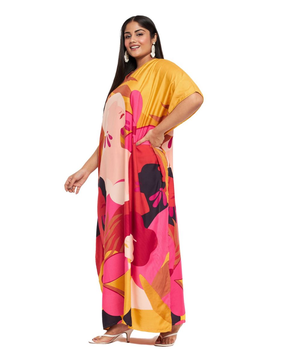 Women Plus Size Tribal Printed Yellow Polyester Kaftan