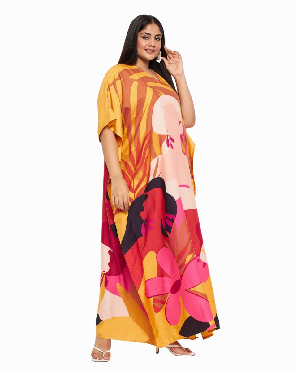 Women Plus Size Tribal Printed Yellow Polyester Kaftan