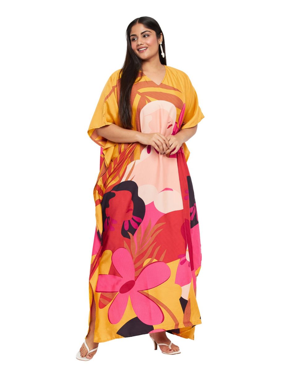 Women Plus Size Tribal Printed Yellow Polyester Kaftan