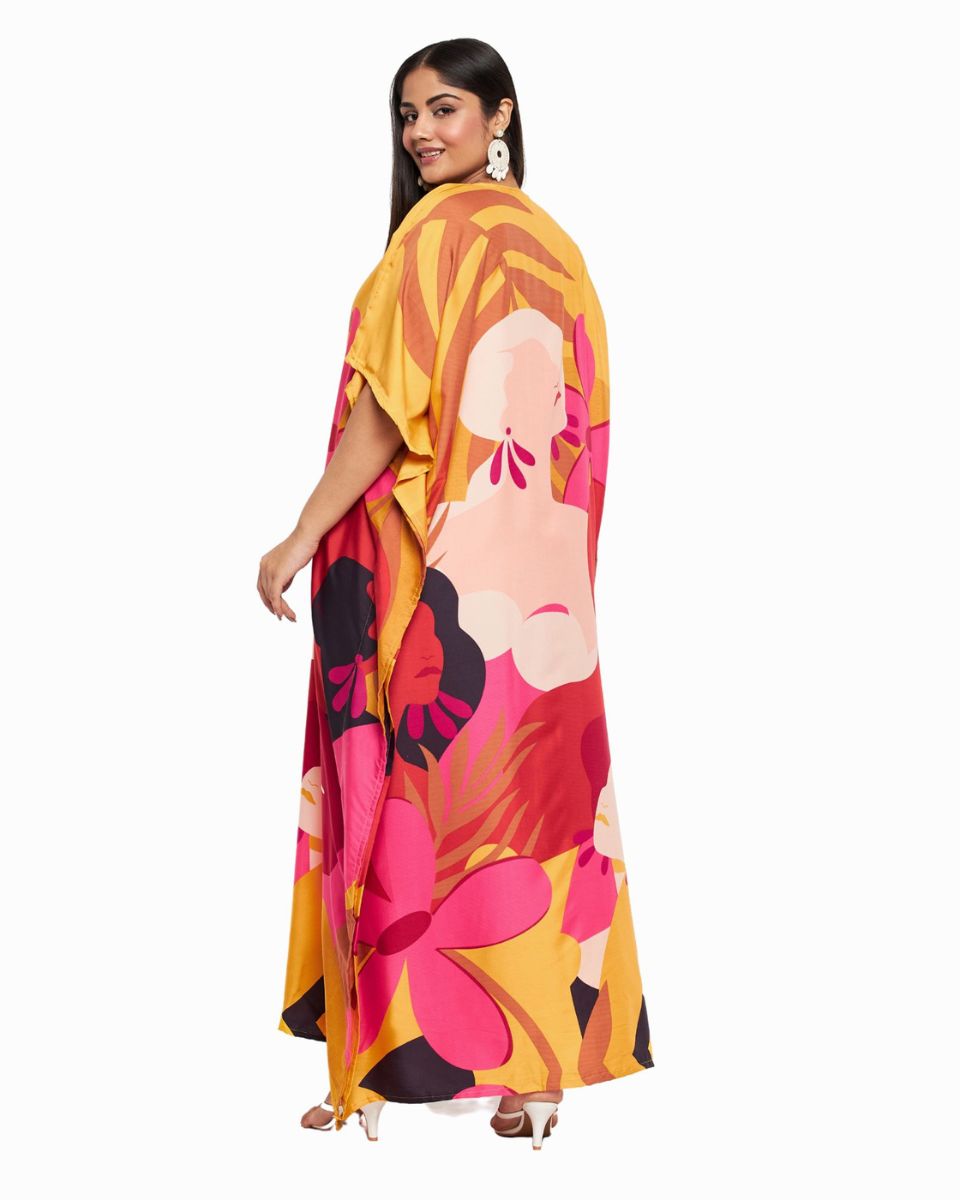Women Plus Size Tribal Printed Yellow Polyester Kaftan