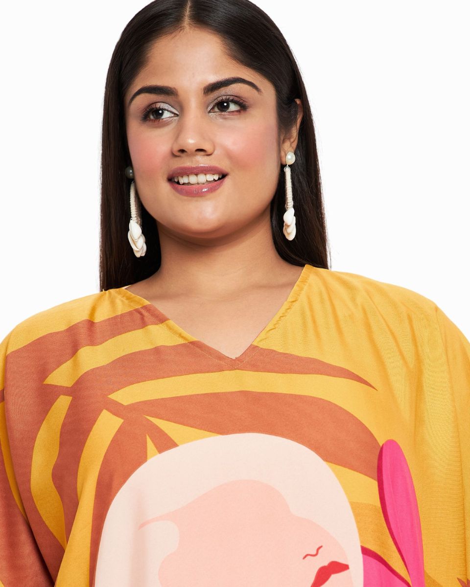 Women Plus Size Tribal Printed Yellow Polyester Kaftan