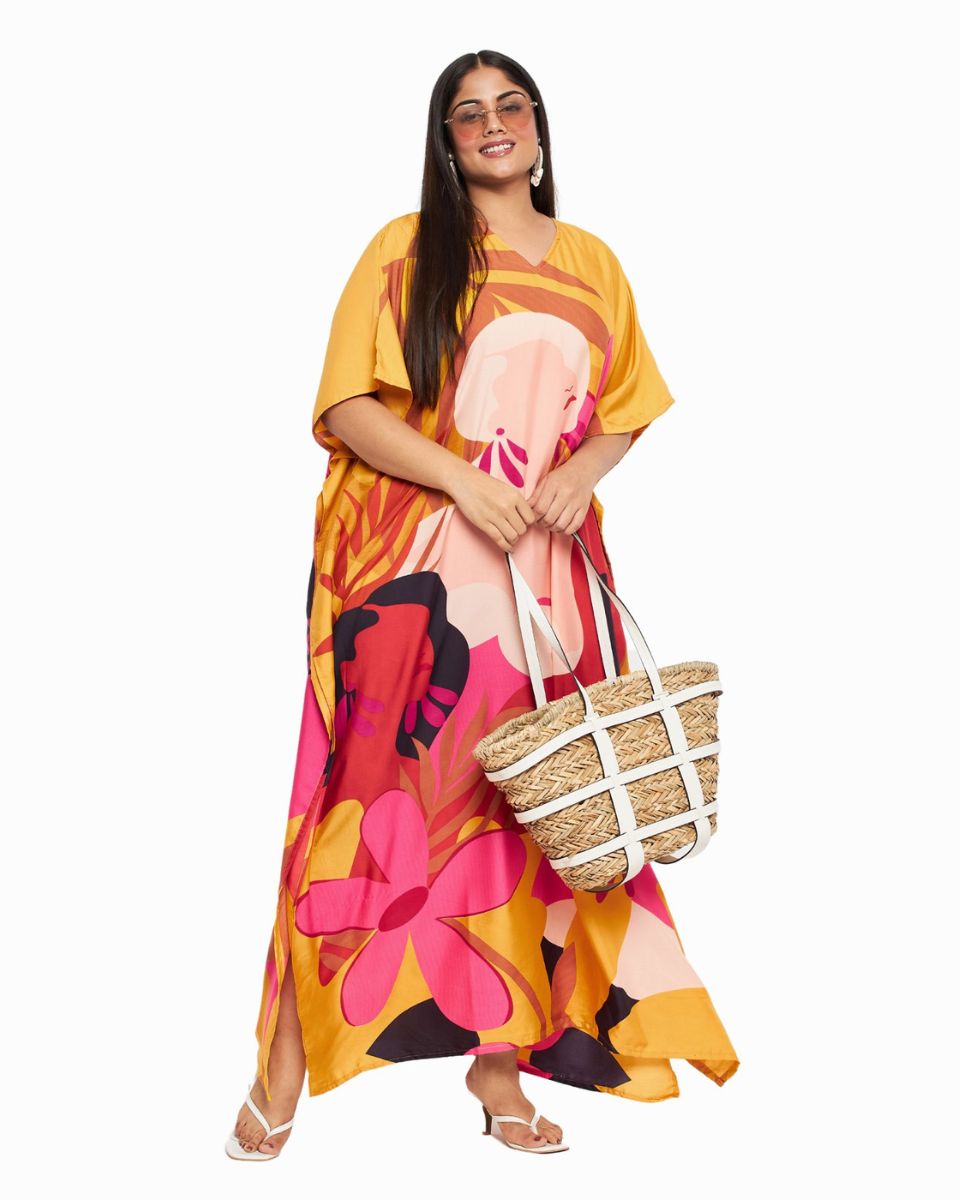 Women Plus Size Tribal Printed Yellow Polyester Kaftan