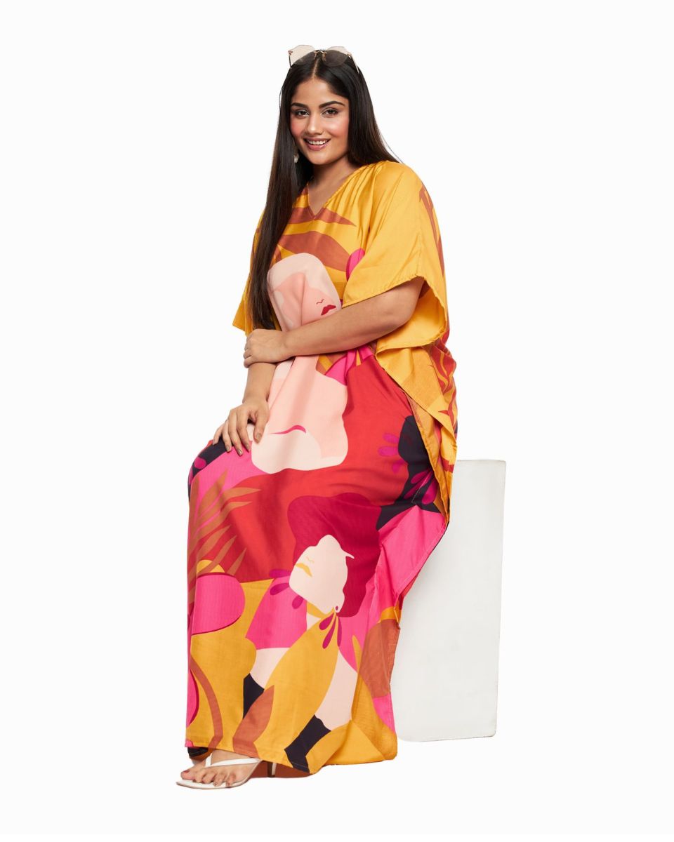Women Plus Size Tribal Printed Yellow Polyester Kaftan