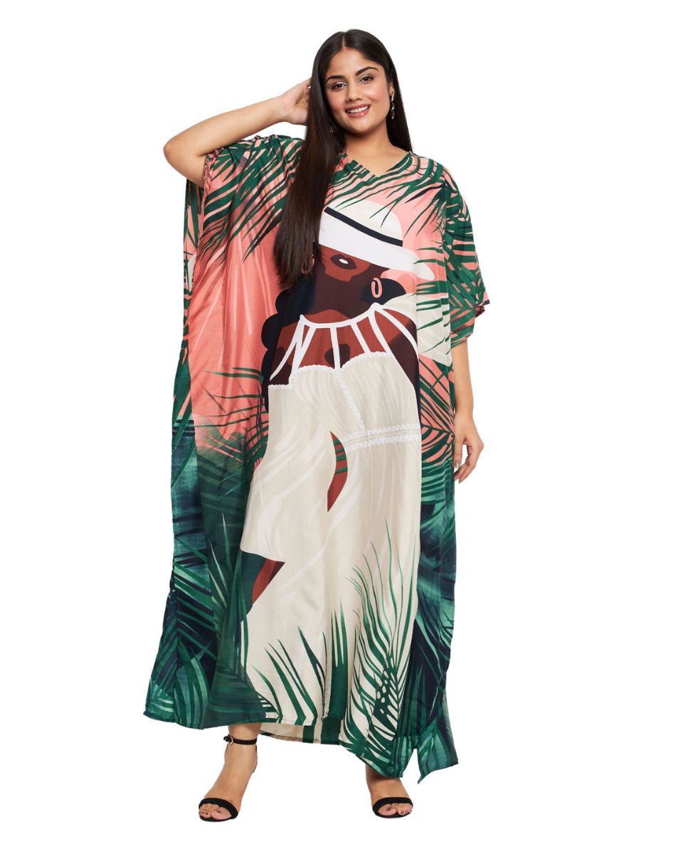 Peach Tribal Printed Polyester Plus Size Kaftan Dress For Women