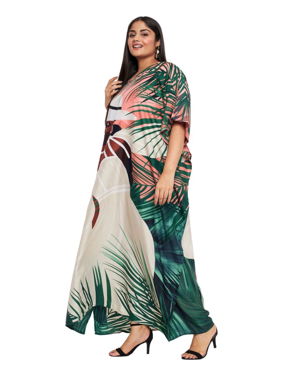 Peach Tribal Printed Polyester Plus Size Kaftan Dress For Women